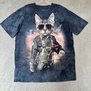 The Mountain Mens Cat Pilot Fighter Jet Tie Dye Graphic T-Shirt Navy Blue Large